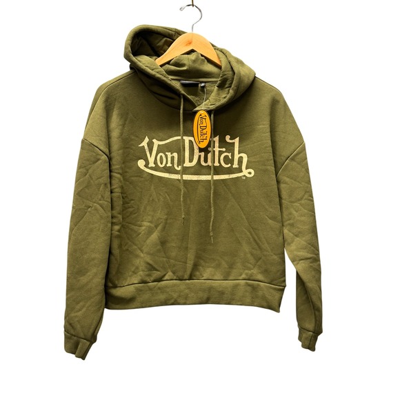 Von Dutch Tops - Von Dutch Hoodie Womens Medium M Pullover Olive Green Fleece Crop NEW